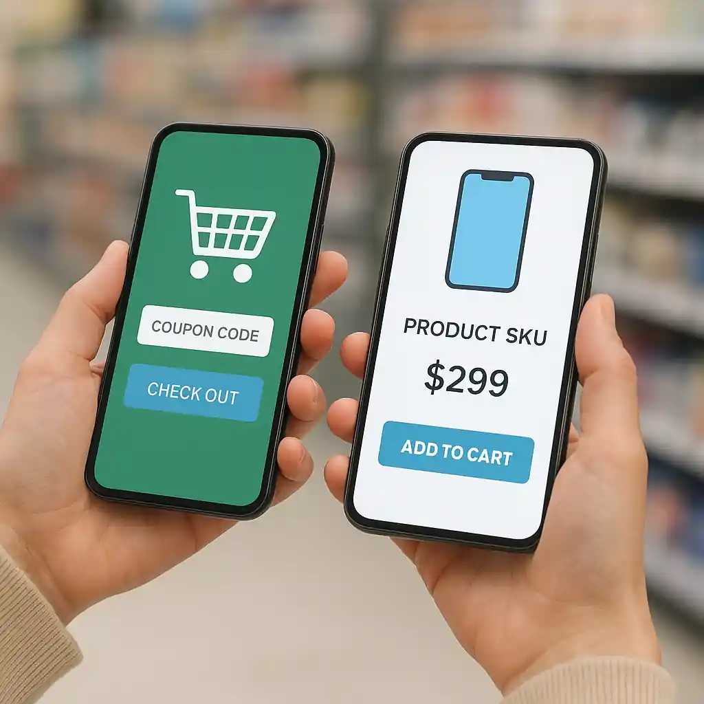 Two phones showing a Home Depot shopping cart with coupon code field and the product SKU and sale price