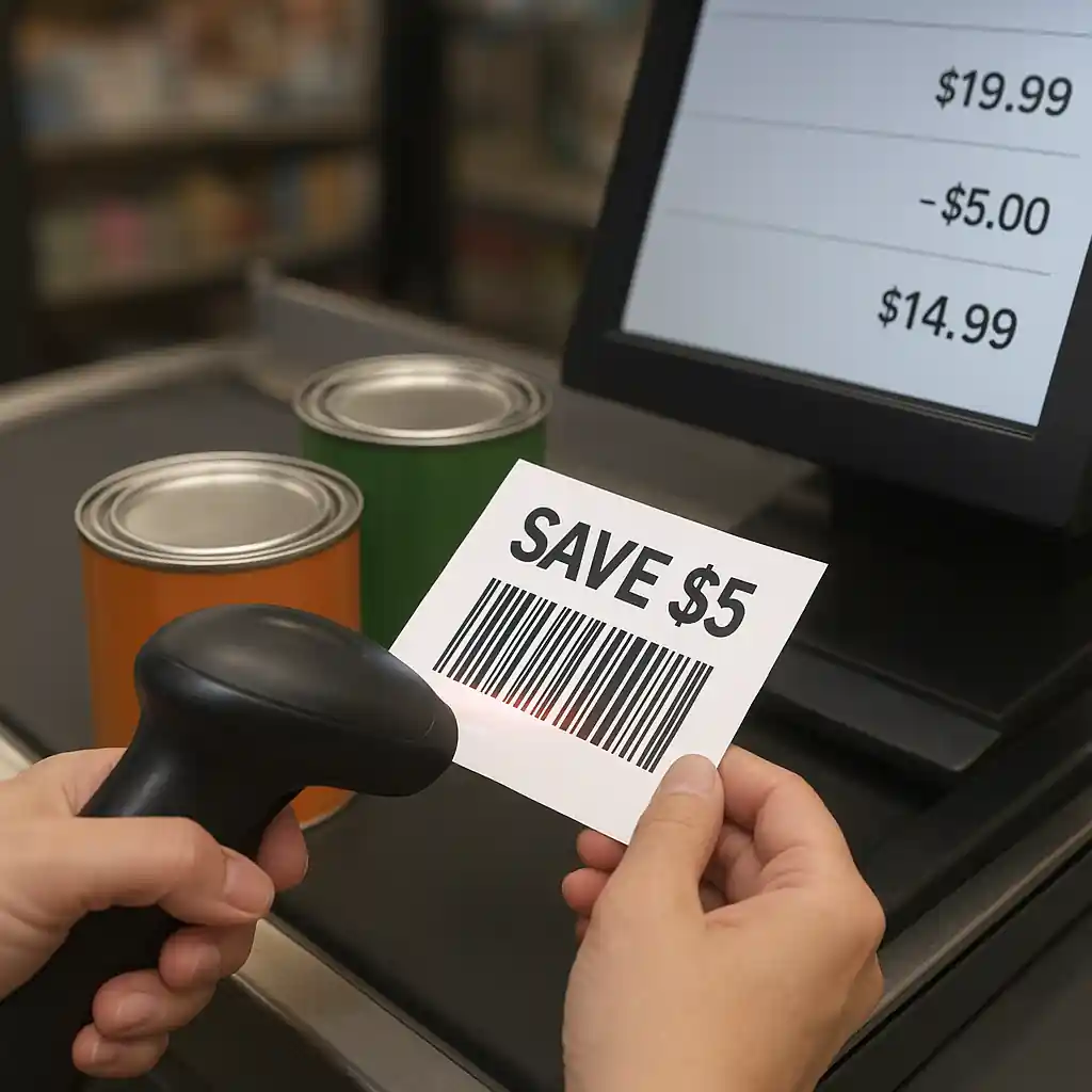 Cashier scanning a manufacturer coupon at checkout with paint cans and register price lines