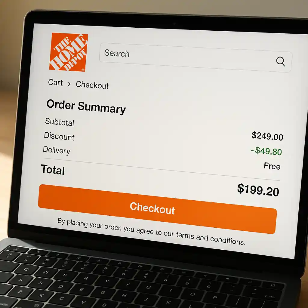 Laptop screen with Home Depot checkout showing order summary and discount line