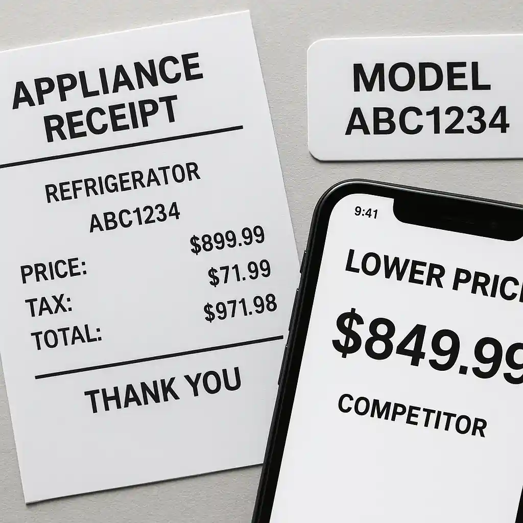 Receipt, appliance model label and phone screenshot showing competitor price