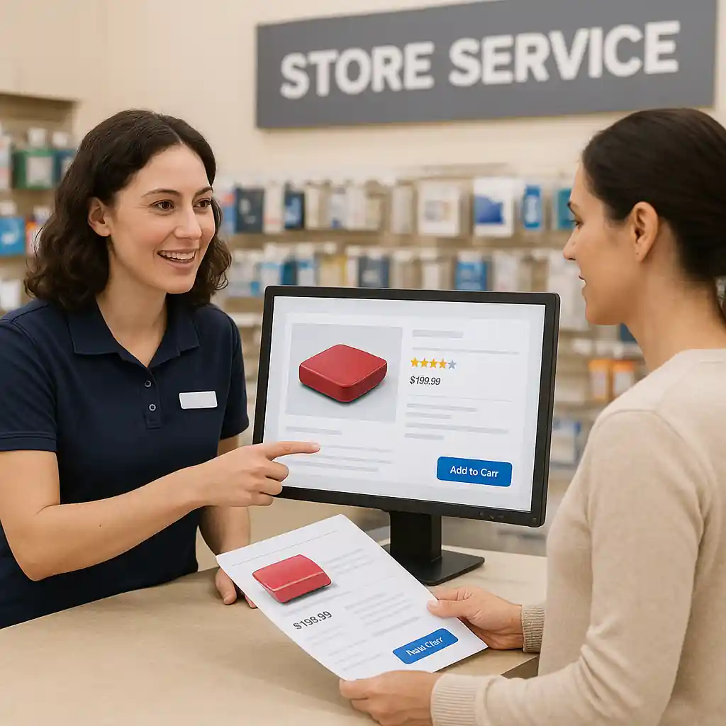 Sales associate showing product SKU and ad details to a customer at a service desk