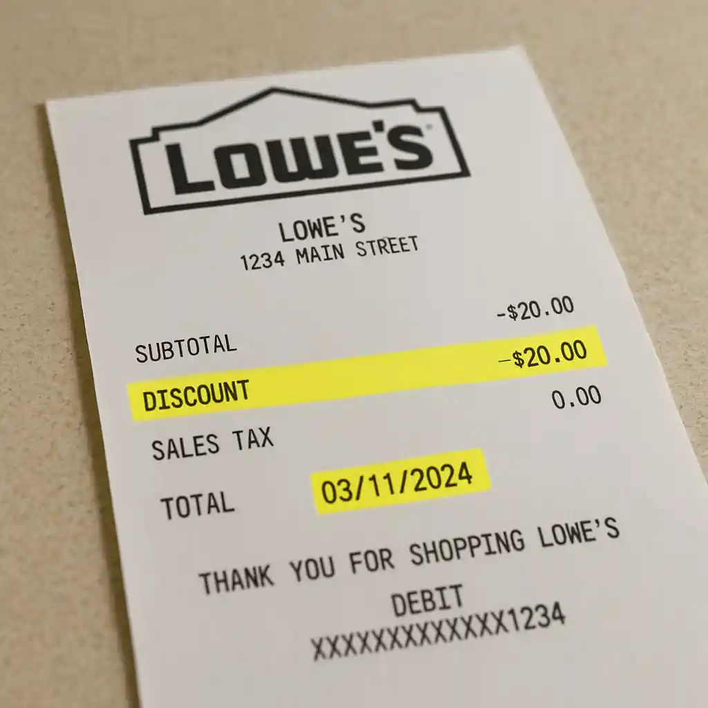Printed receipt showing the applied discount and order details