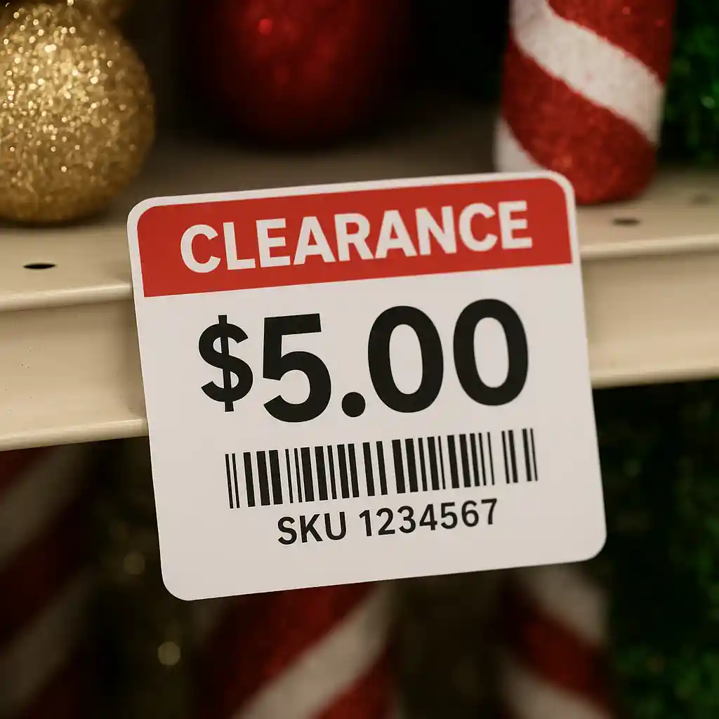 Clearance shelf tag showing markdown price and SKU on holiday decor