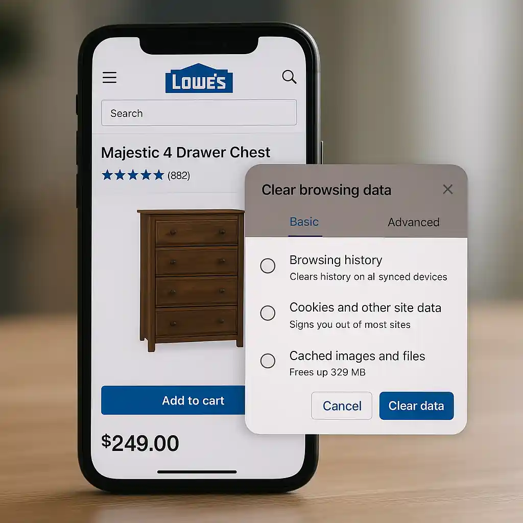 Mobile phone showing a Lowe's product and browser settings for clearing cache