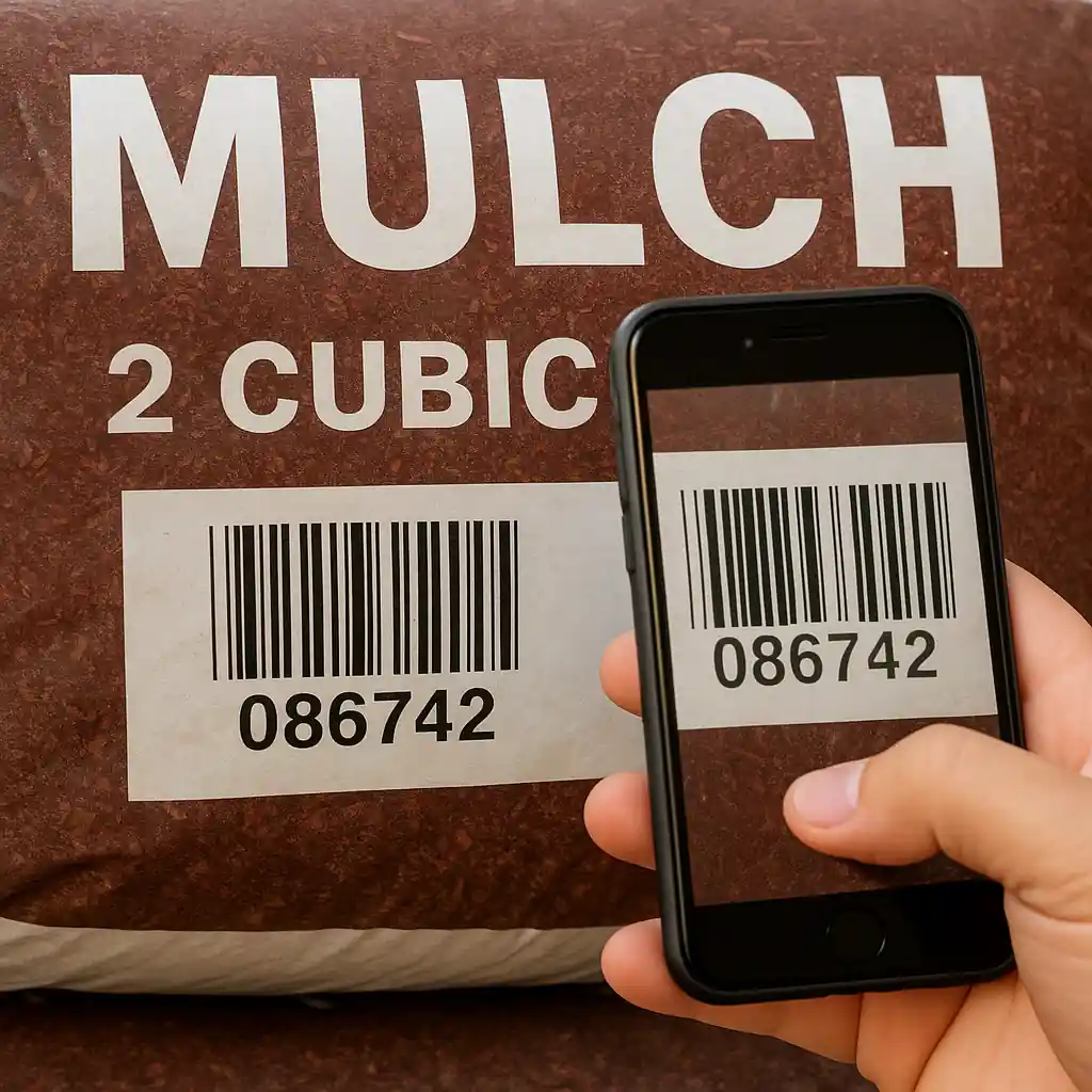 Close-up of mulch bag label showing cubic feet and SKU while someone scans the barcode
