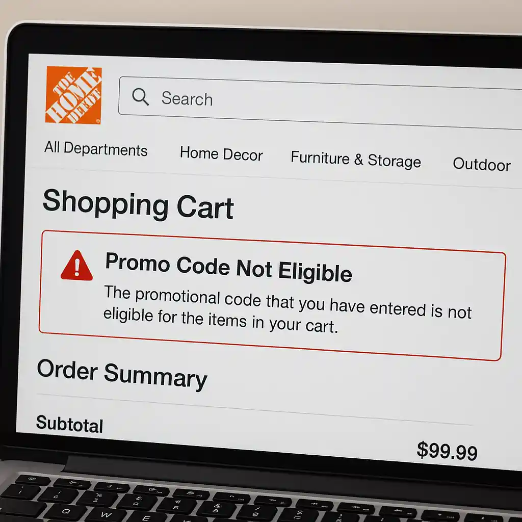 Home Depot online cart showing a promo eligibility message on a laptop screen