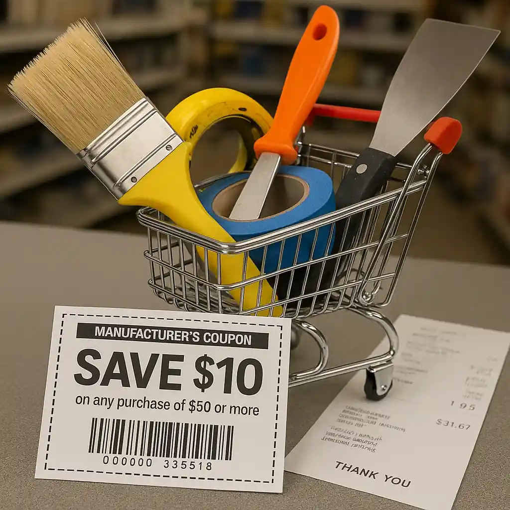 Shopping cart with tools and a manufacturer coupon next to a Lowe's receipt