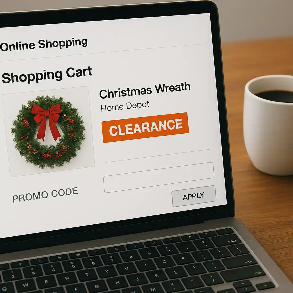 Online cart showing a Christmas clearance wreath and promo code entry at checkout