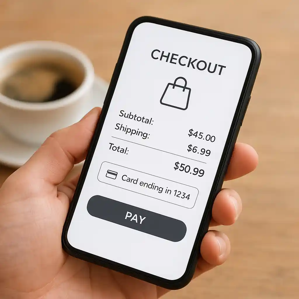 Mobile app checkout screen showing cart and payment options