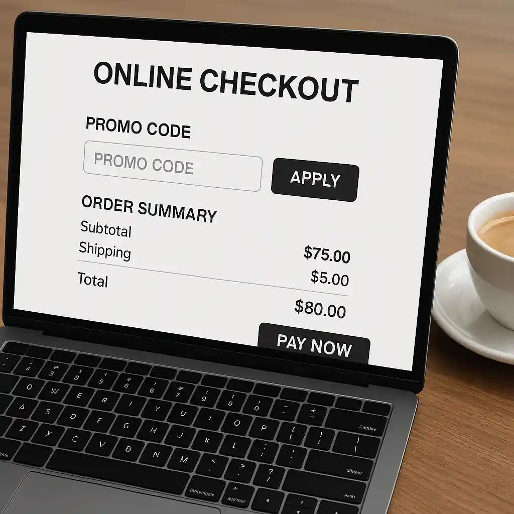 Online checkout page with a promo code field visible on a laptop screen