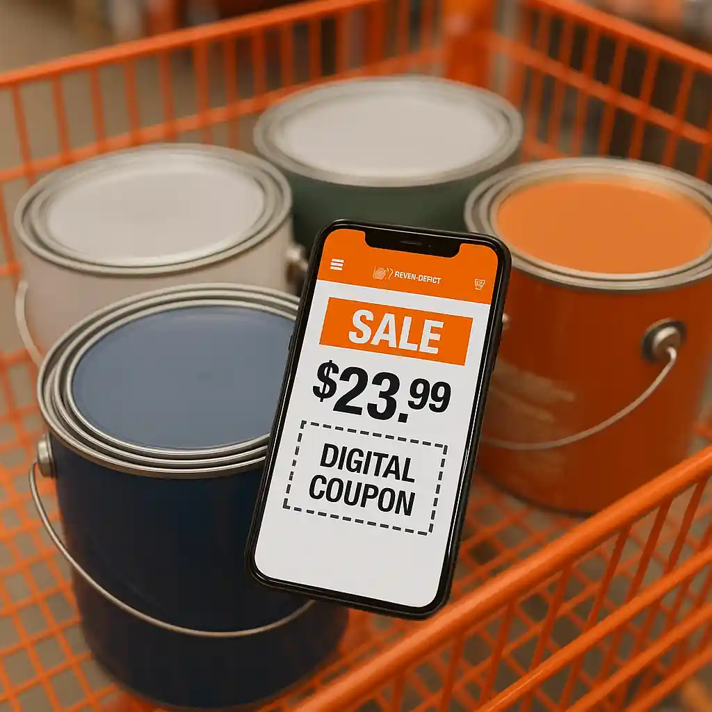 Shopping cart with paint cans and smartphone displaying sale price and coupon