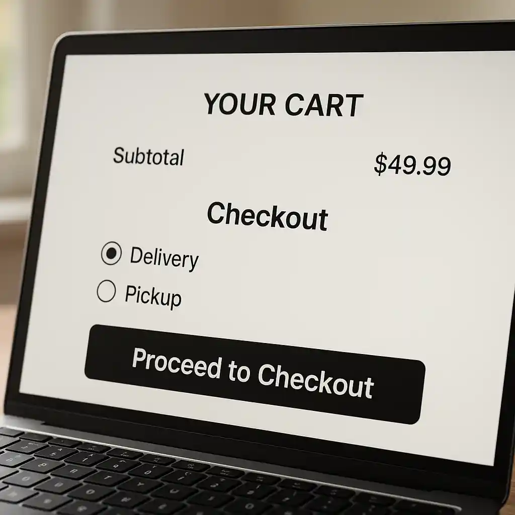 Laptop checkout screen showing pickup and delivery options for an online home improvement order