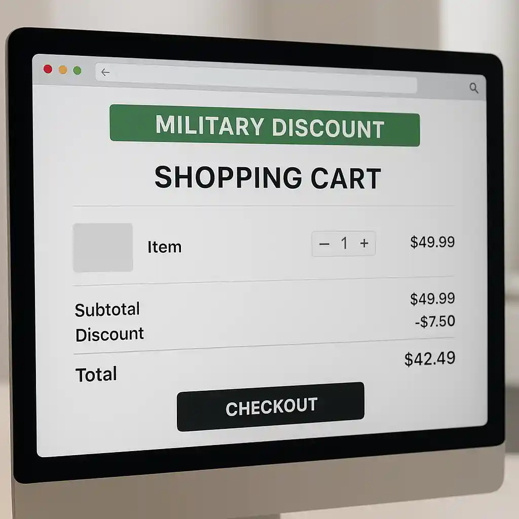 Home Depot cart page displaying a military discount banner and adjusted total