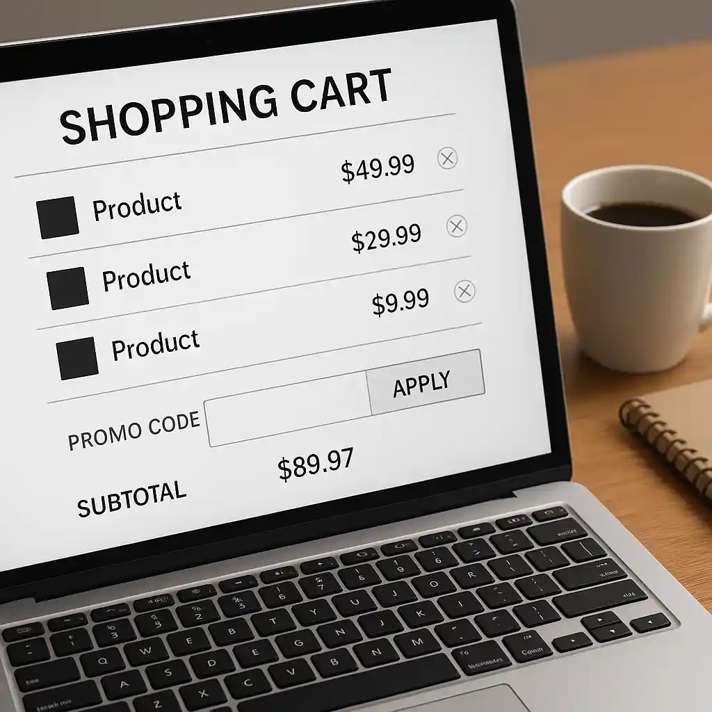 Online cart on a laptop with promo code field visible and product price lines
