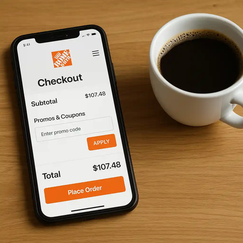 Home Depot app checkout on a smartphone showing subtotal and where to enter a Home Depot $20 off coupon