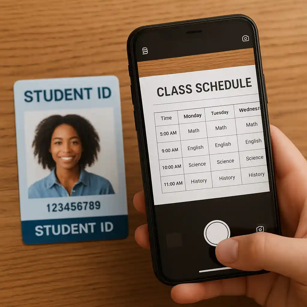 Phone screen displaying a downloaded class schedule next to a student ID being photographed