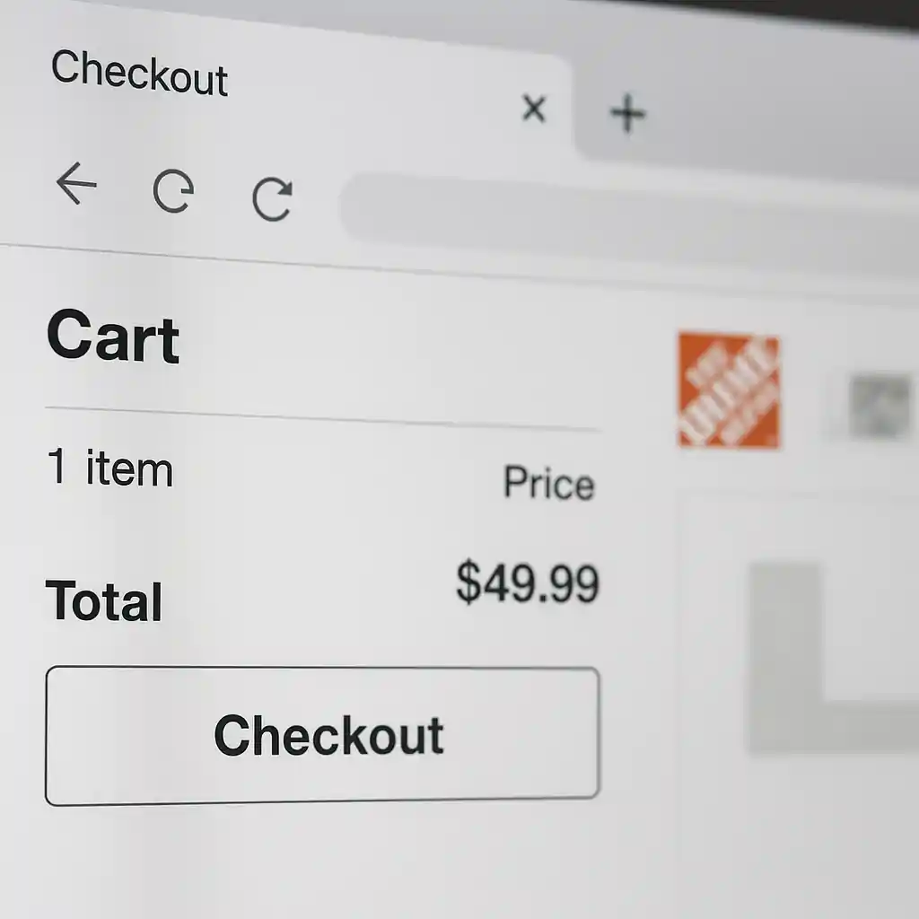 Computer checkout screen showing cart items and price with a Home Depot product page open in a second tab