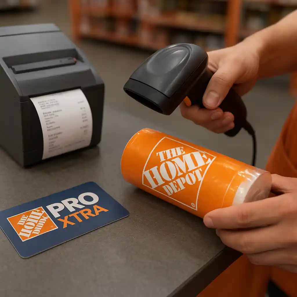 Home Depot cashier scanning an item with a printed receipt and Pro Xtra membership visible