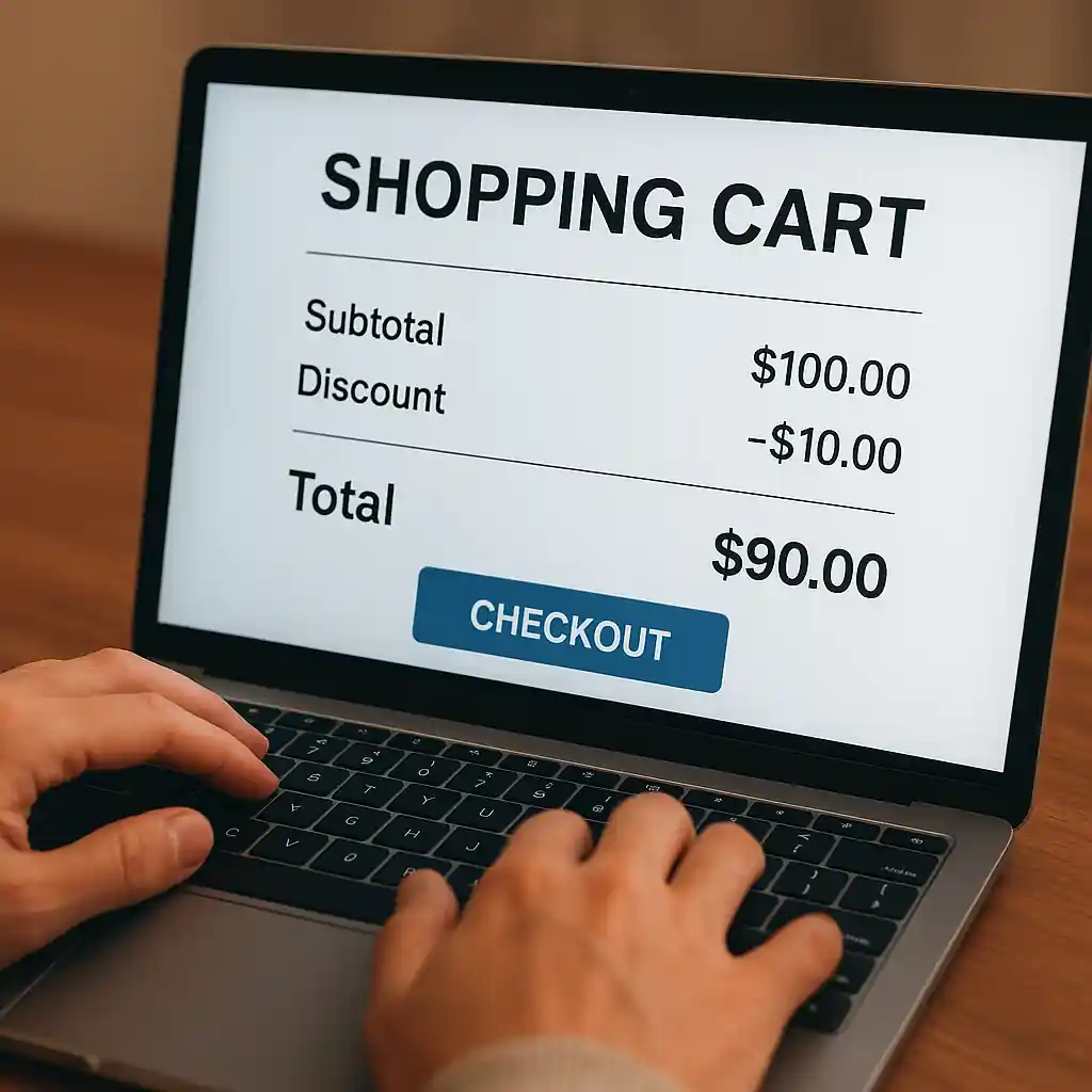 Laptop screen showing an online cart with a discount line item