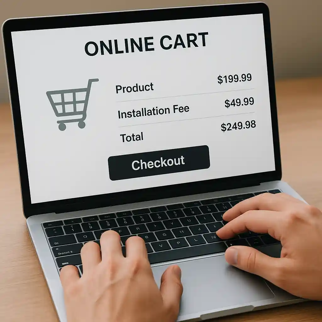 Online cart showing product price and separate installation fee line items