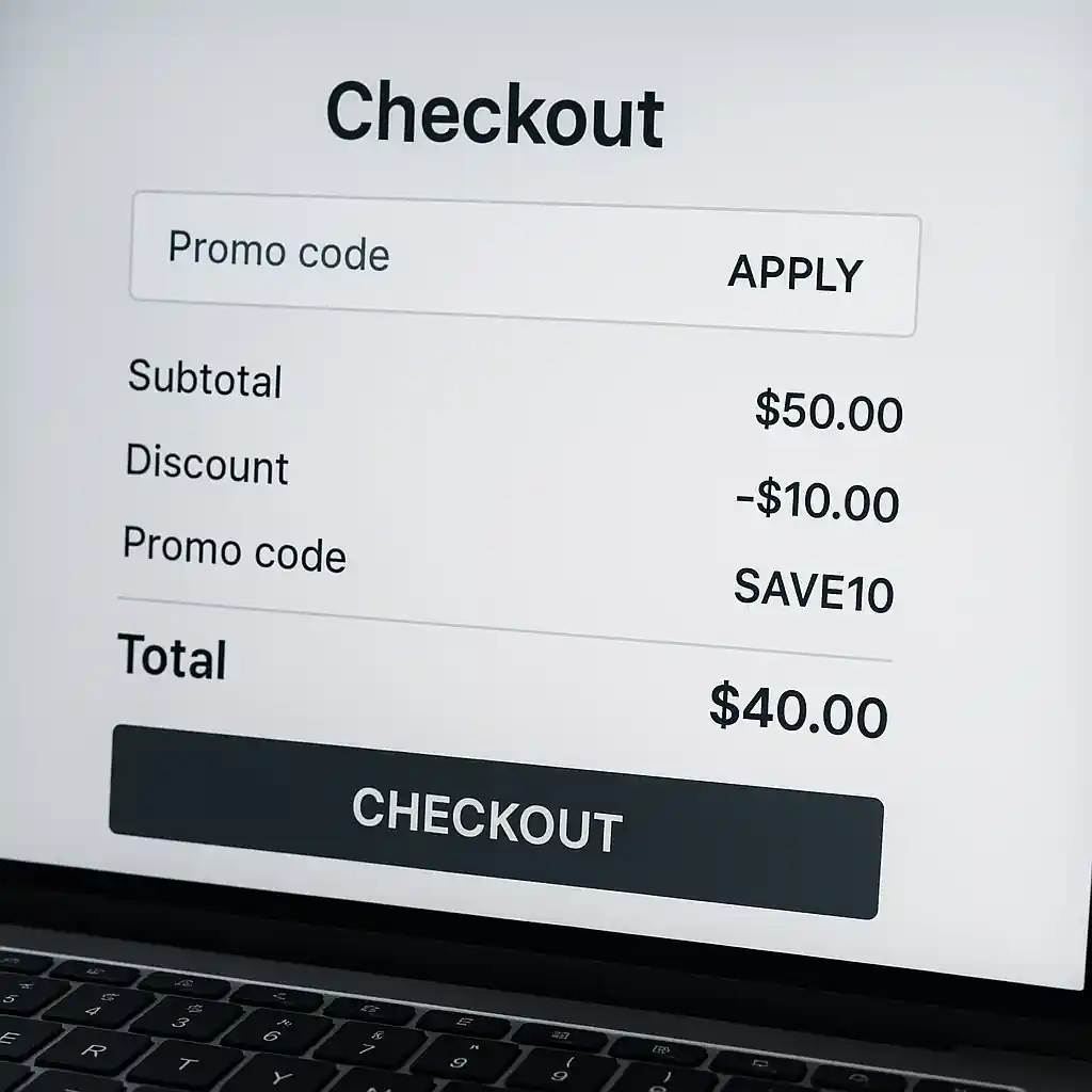 Laptop screen displaying Home Depot online cart with promo code field and discount