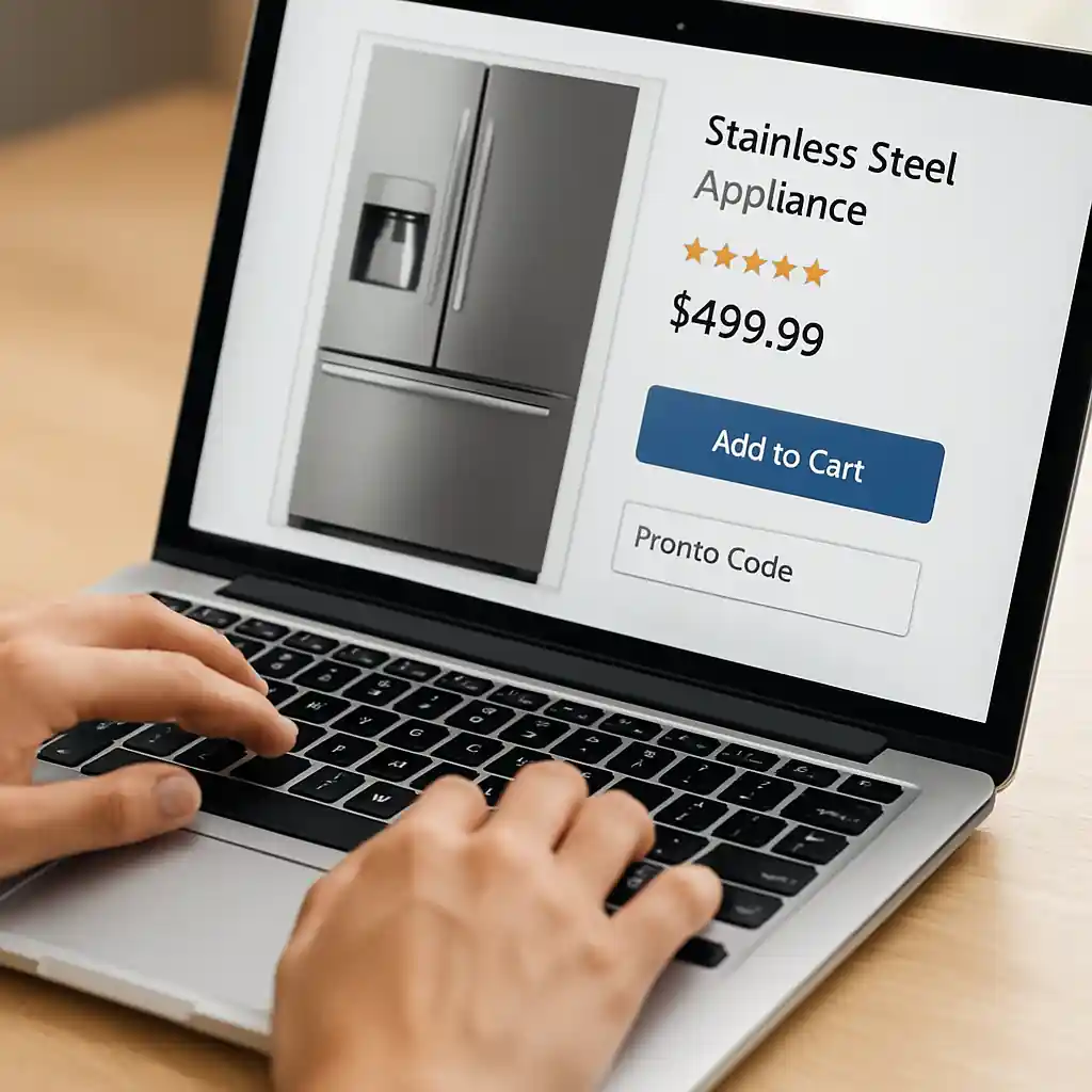 Laptop screen displaying Lowe's appliance product page and promo code entry during checkout