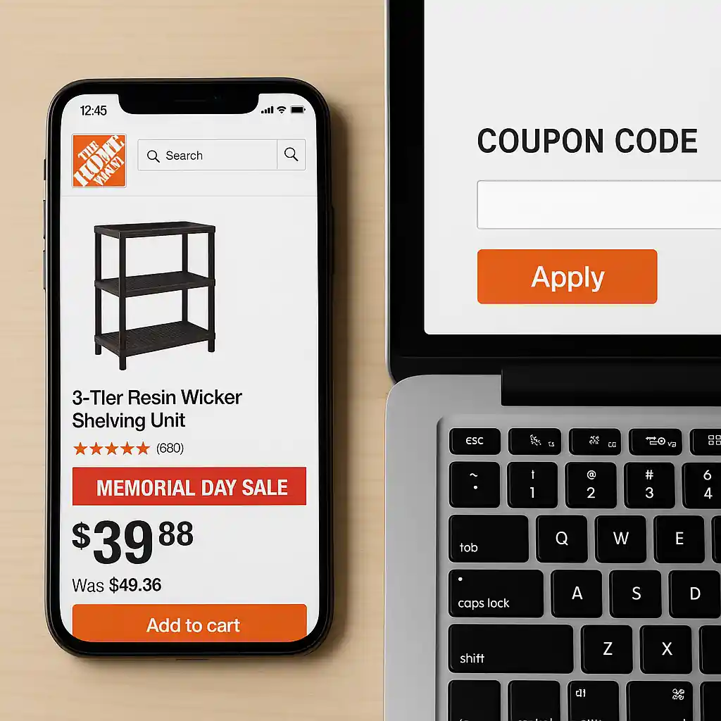 Mobile and desktop view of a Home Depot product page showing a Memorial Day sale price and a coupon box