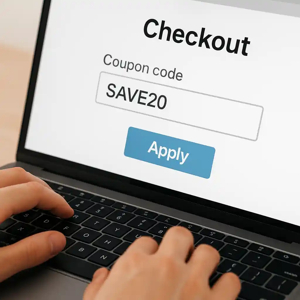 Browser checkout page focused on promo code field and hands poised to type