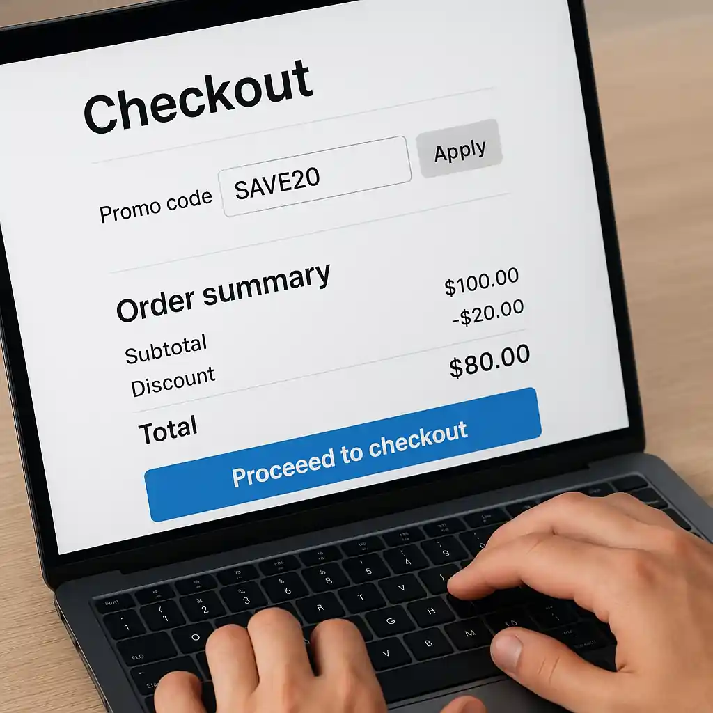 Checkout screen with promo code entry and order summary on a computer