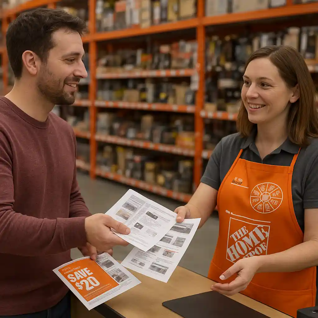 Customer presenting screenshots and a printed coupon at a store service desk to a Home Depot associate