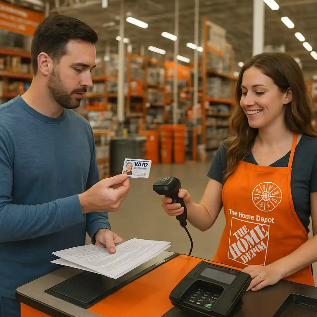 Home Depot cashier scanning a veteran's VA card with supporting documents ready