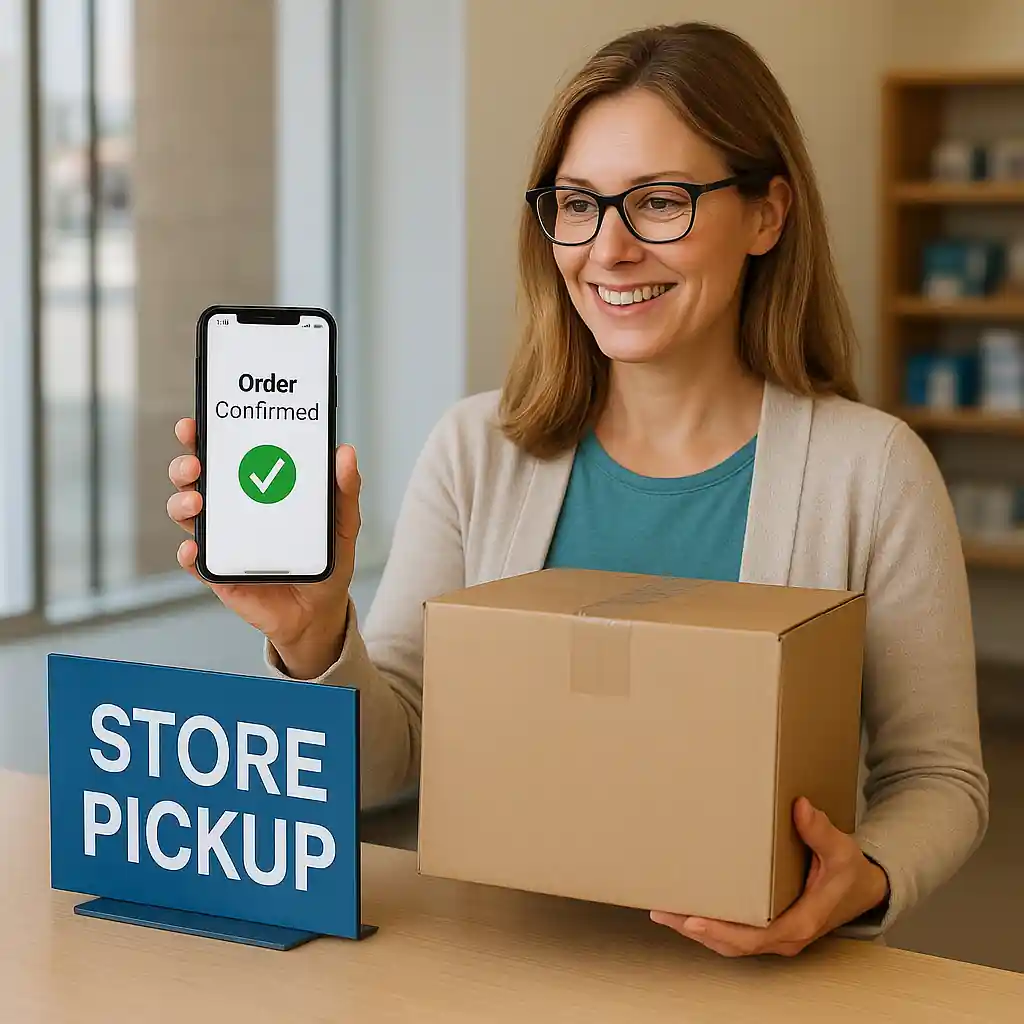Teacher showing online order confirmation at Home Depot pickup counter