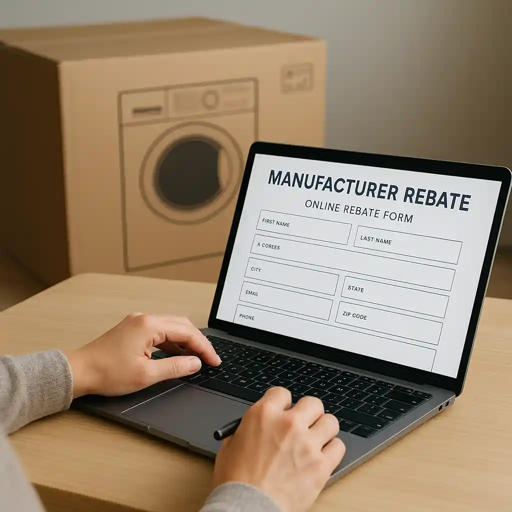Filing a manufacturer rebate online while appliance sits boxed in the room