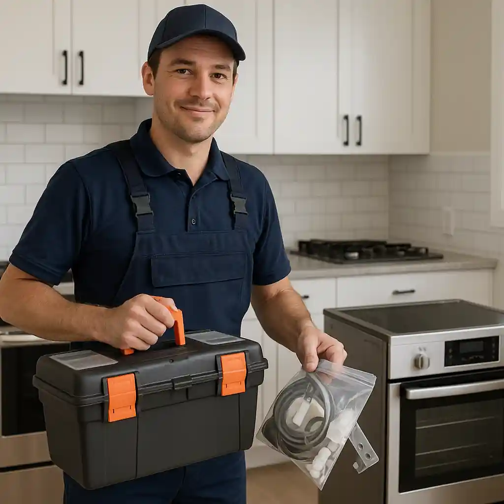 Installer working on a stove hookup in a kitchen, preparing connections and verifying fit