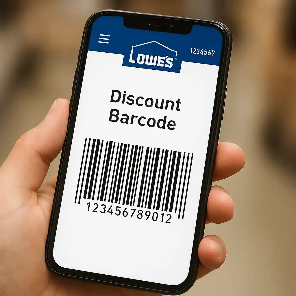 Smartphone screen with Lowe's app showing a promo barcode for in-store scan including lowes promo code 2026 details