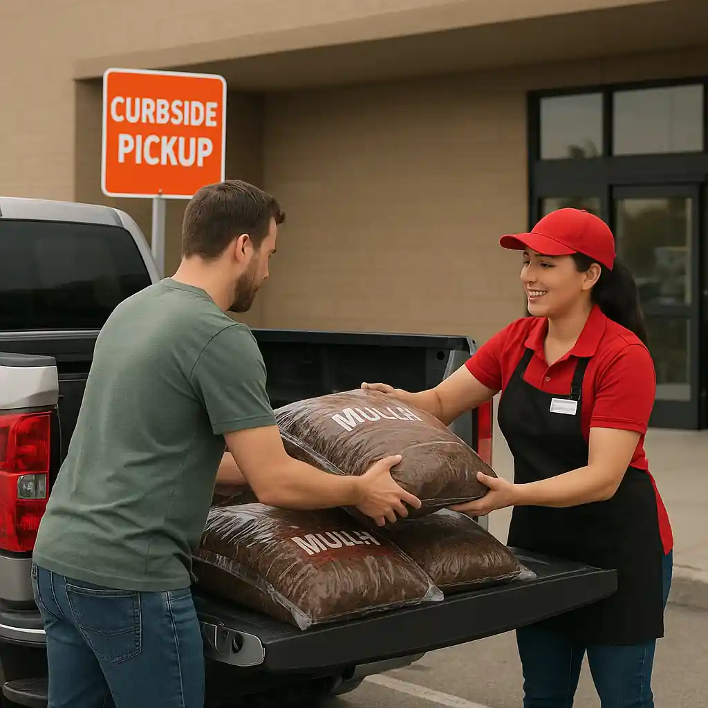 Customer placing mulch bags into a pickup truck at store curbside pickup