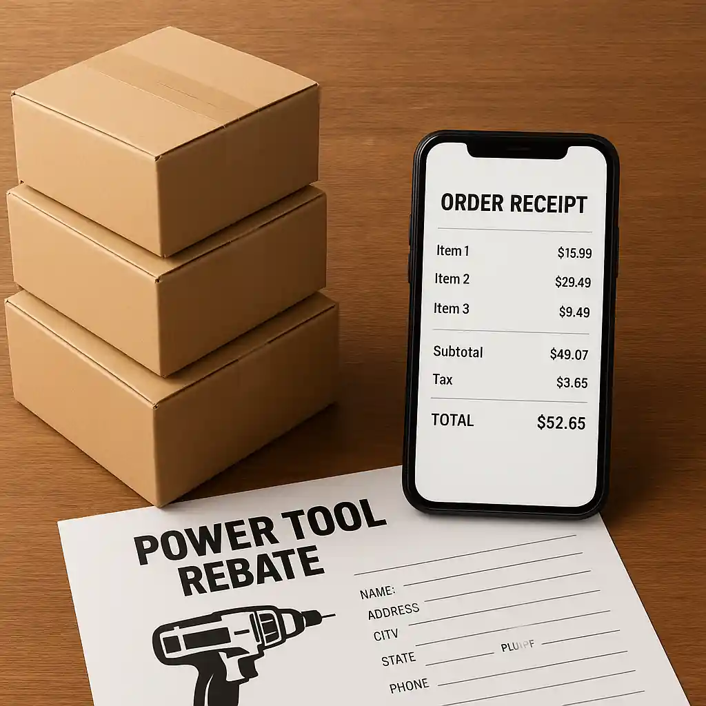 Power tool, rebate paperwork and a smartphone with receipt ready for filing