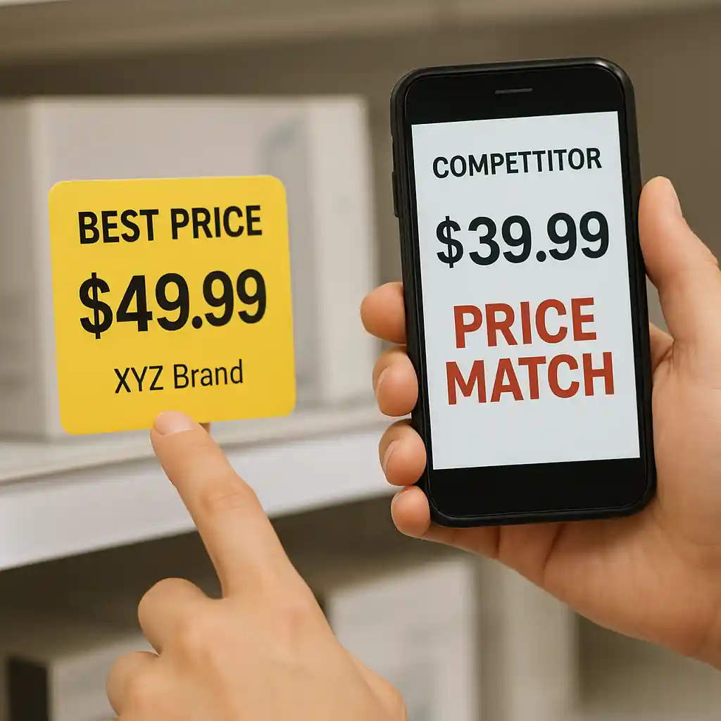 Shopper comparing a Lowe's price tag with a competitor ad on a phone for price match