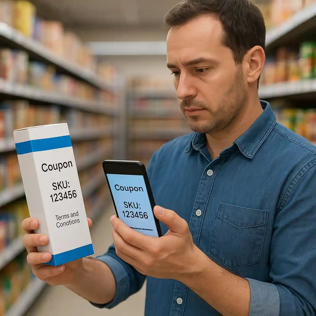 Customer comparing product SKU on package with coupon terms via smartphone