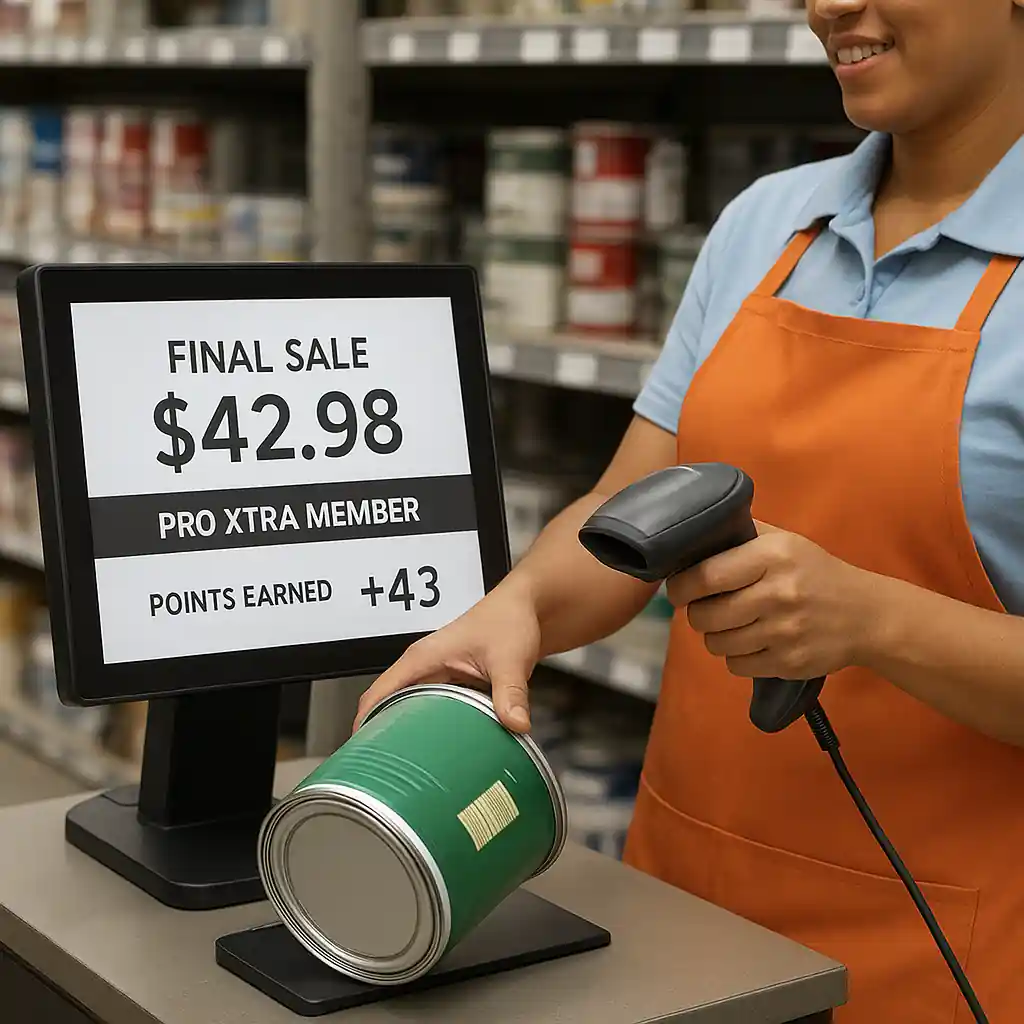 Cashier scanning paint at register with Pro Xtra points and sale price displayed