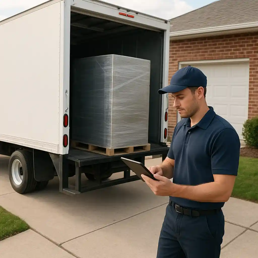 Home delivery of an appliance with a delivery worker checking order details on a tablet