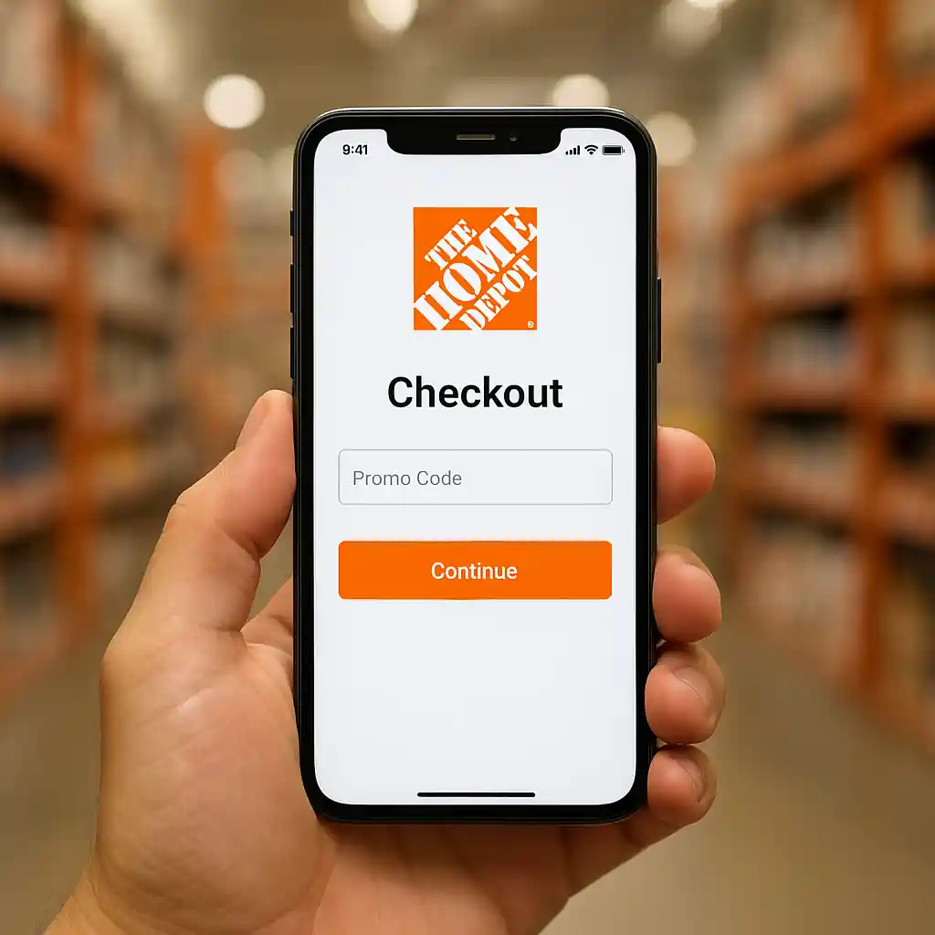 Using the Home Depot app checkout with a promo field visible on the phone screen