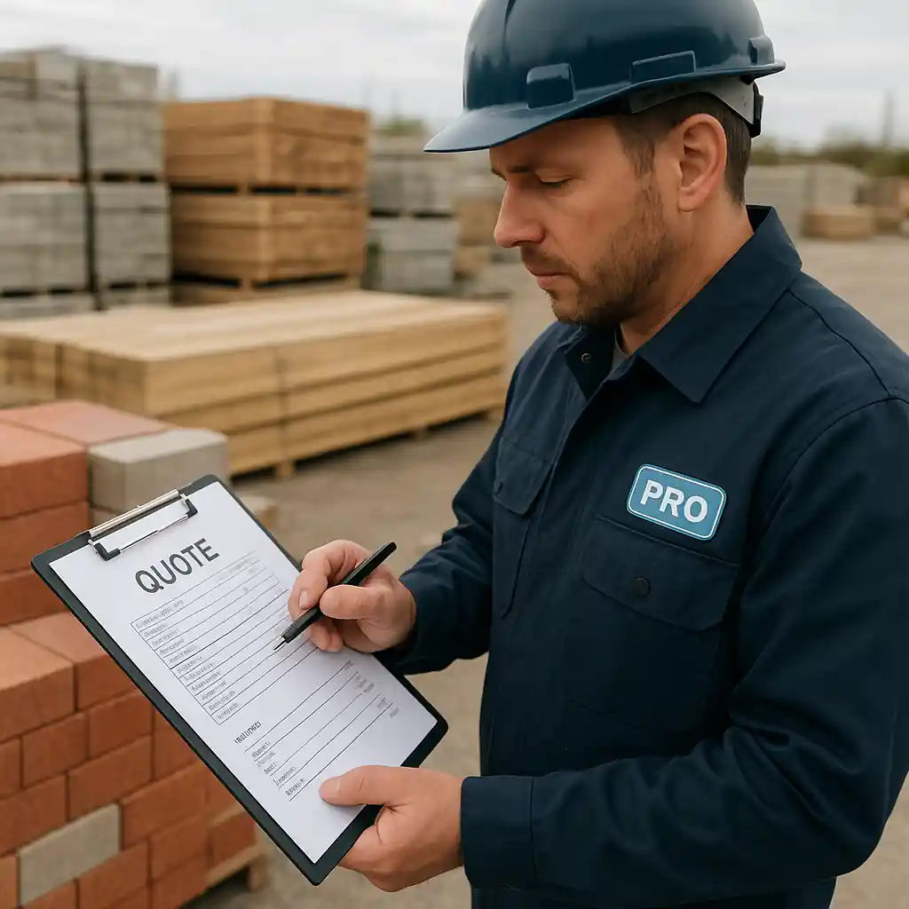 Contractor reviewing a job quote beside building materials in a store lot