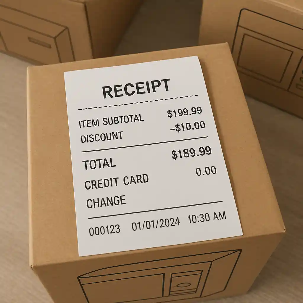 Receipt with a $10 off discount applied and boxed appliances in the store background
