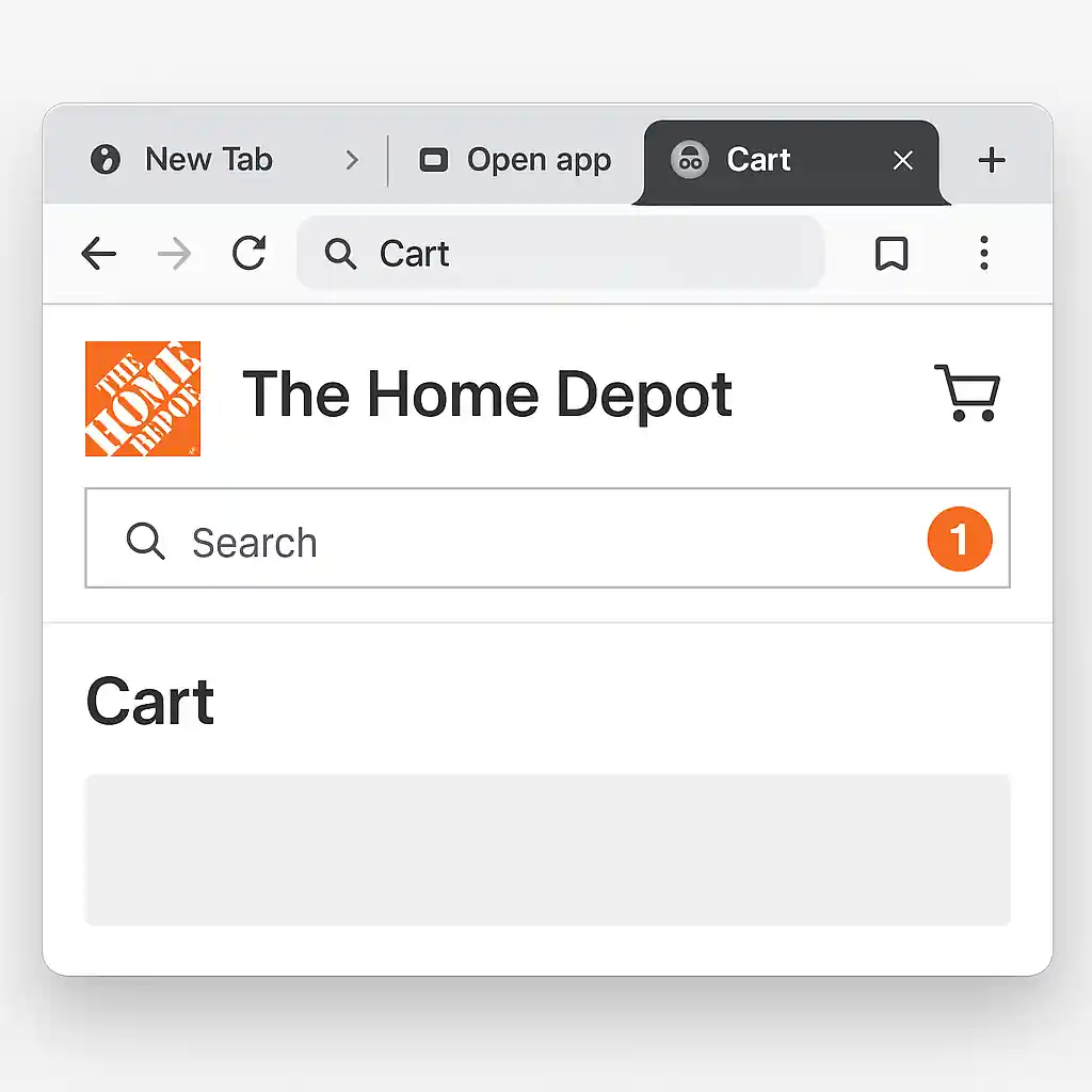 Desktop browser troubleshooting Home Depot checkout with private window and cart page visible