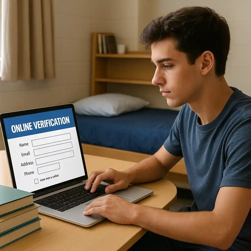 Student completing third-party verification on a laptop in a dorm room