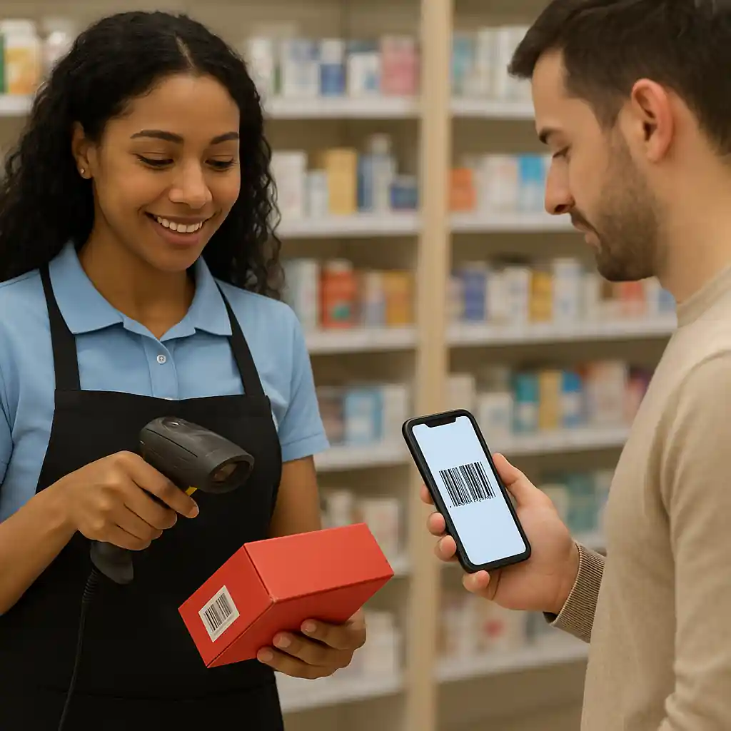 Home Depot associate scanning an item with a handheld scanner while a customer displays deal proof on their phone