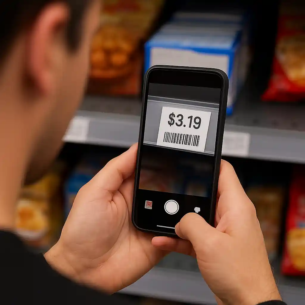 Customer photographing shelf tag and barcode before checkout