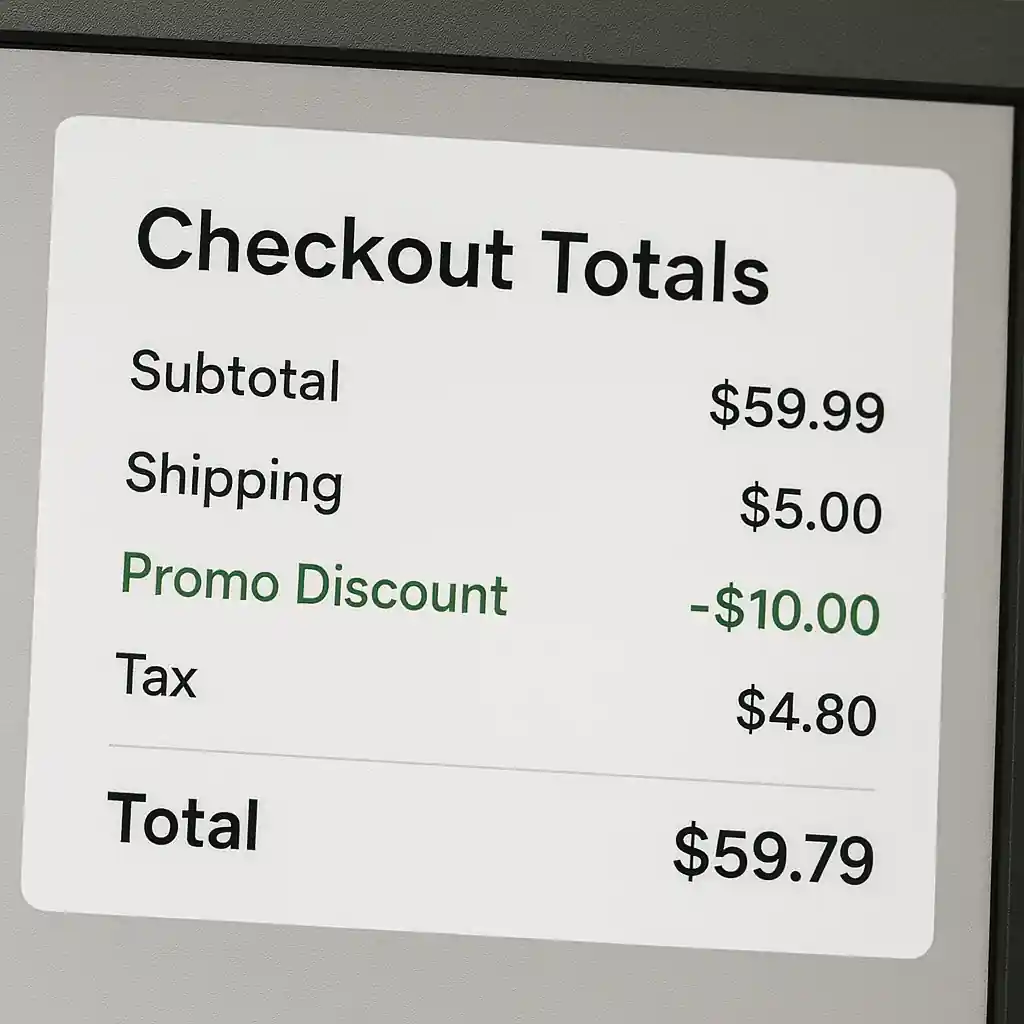 Computer monitor showing checkout totals and a visible promo discount line