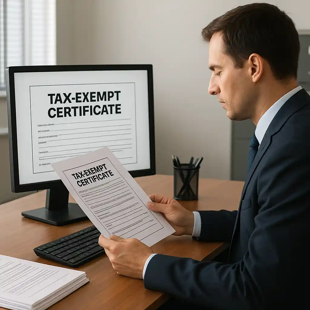 Administrator checking tax-exempt certificate and account settings on a tablet
